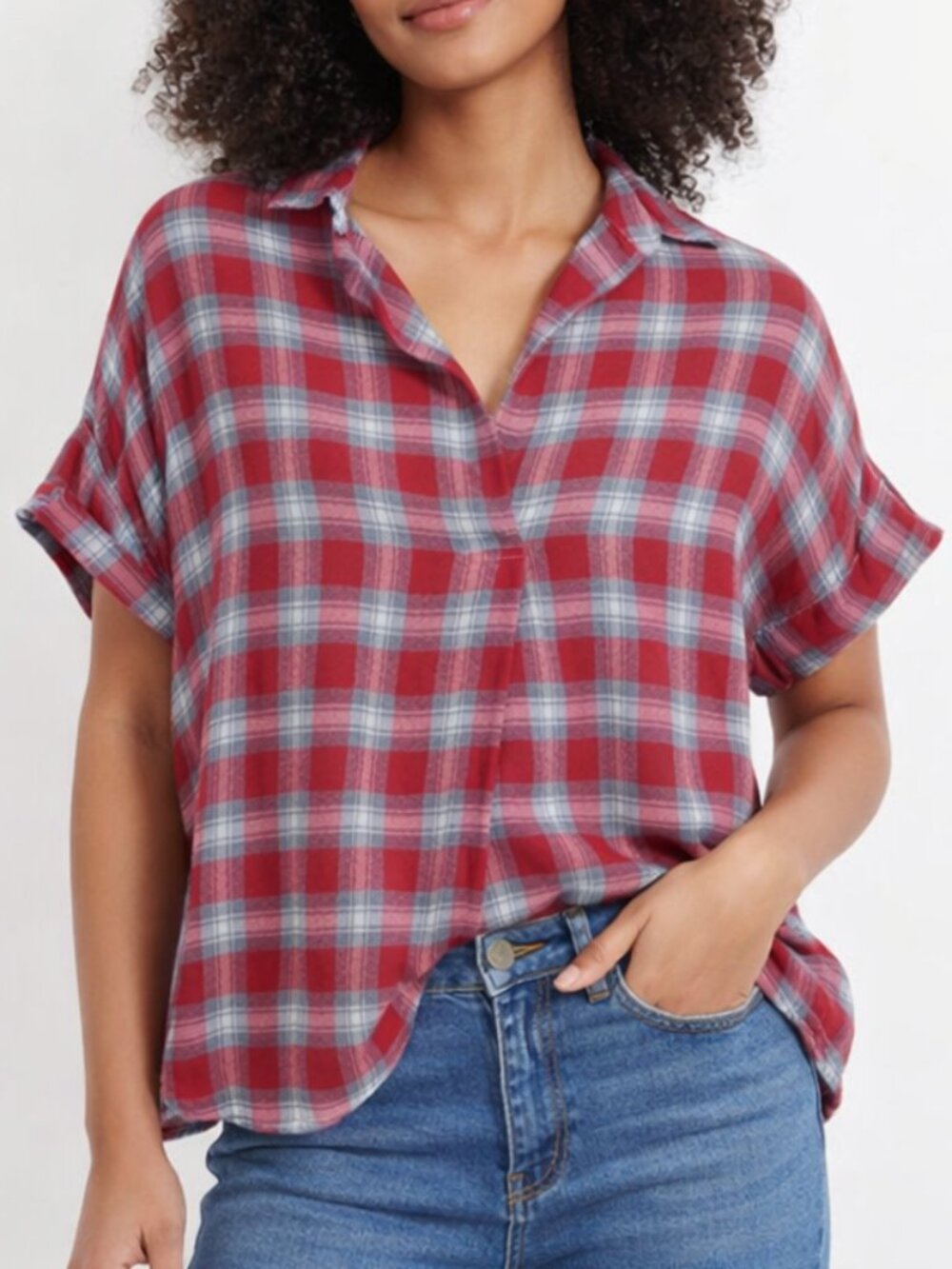 Madewell Red and Gray Plaid Short-Sleeve Button-Front Blouse